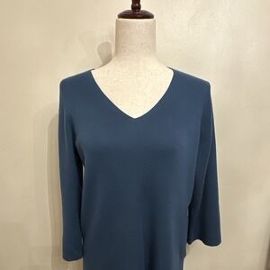 Eileen Fisher Womens Blue 100% Merino Wool Knit V-Neck Pullover Sweater S 3/4